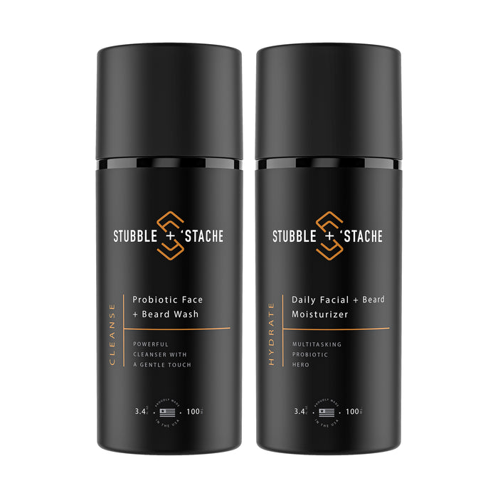 Beard Care Starter Kit. One 3.4 fl oz airless pump of Hydrate Daily Probiotic Facial + Beard Moisturizer and one 3.4 fl oz airless pump of Cleanse: Probiotic Face + Beard Wash by stubble + 'stache