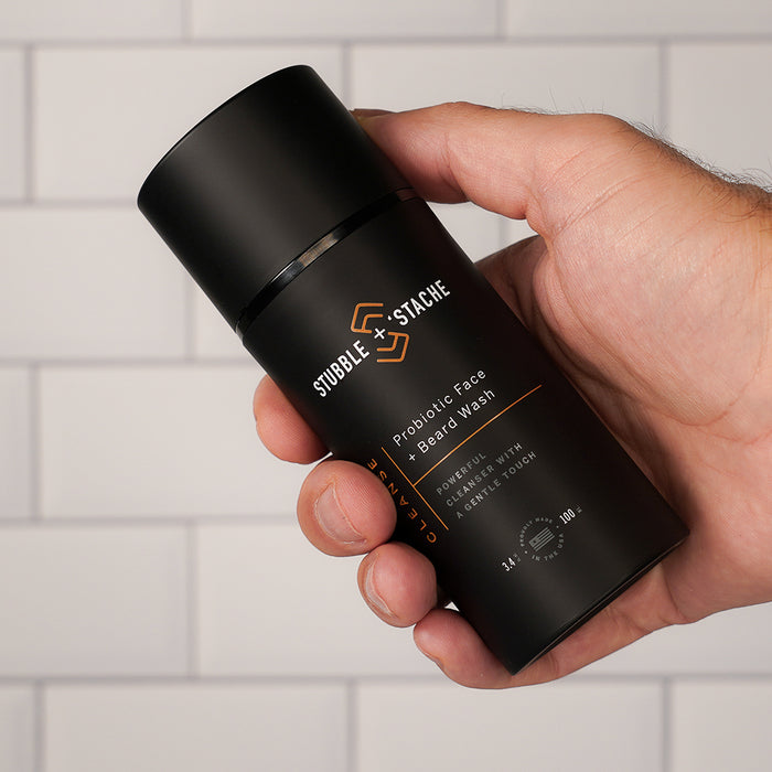 Cleanse: Probiotic Face + Beard Wash. 3.4 fl oz airless pump. Made in the USA by stubble + 'stache