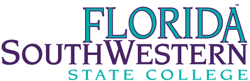 The text "FLORIDA SOUTHWESTERN STATE COLLEGE" is displayed; the words are stacked vertically, with "FLORIDA" at the top, in teal and purple lettering against a dark-green background.