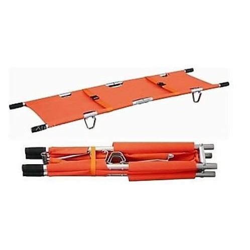 An orange stretcher lies flat; it is then shown folded for storage. Both states are shown against a white background.