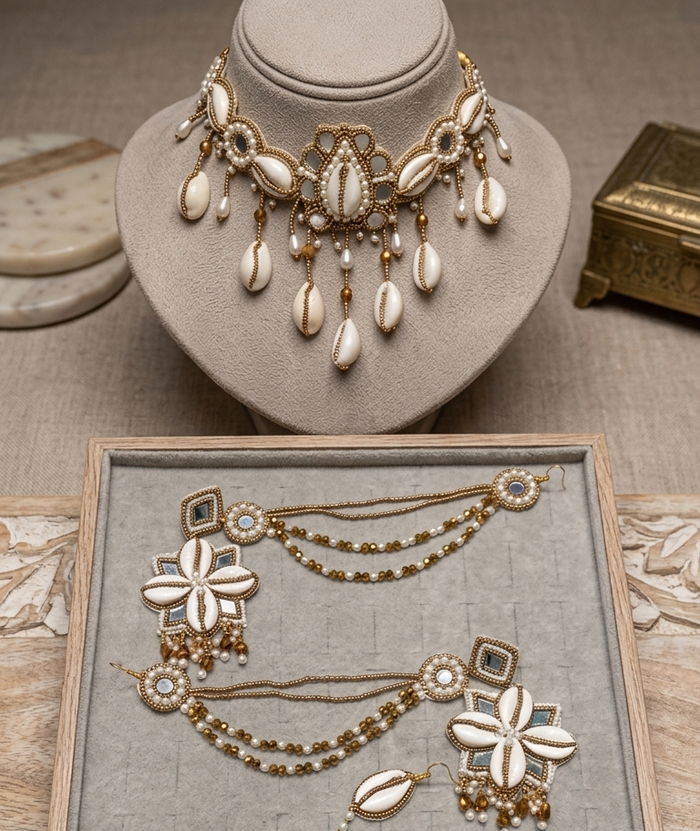 Gilded Cowrie Shell Jewelry Ensemble with Pearl Accents and Floral Design