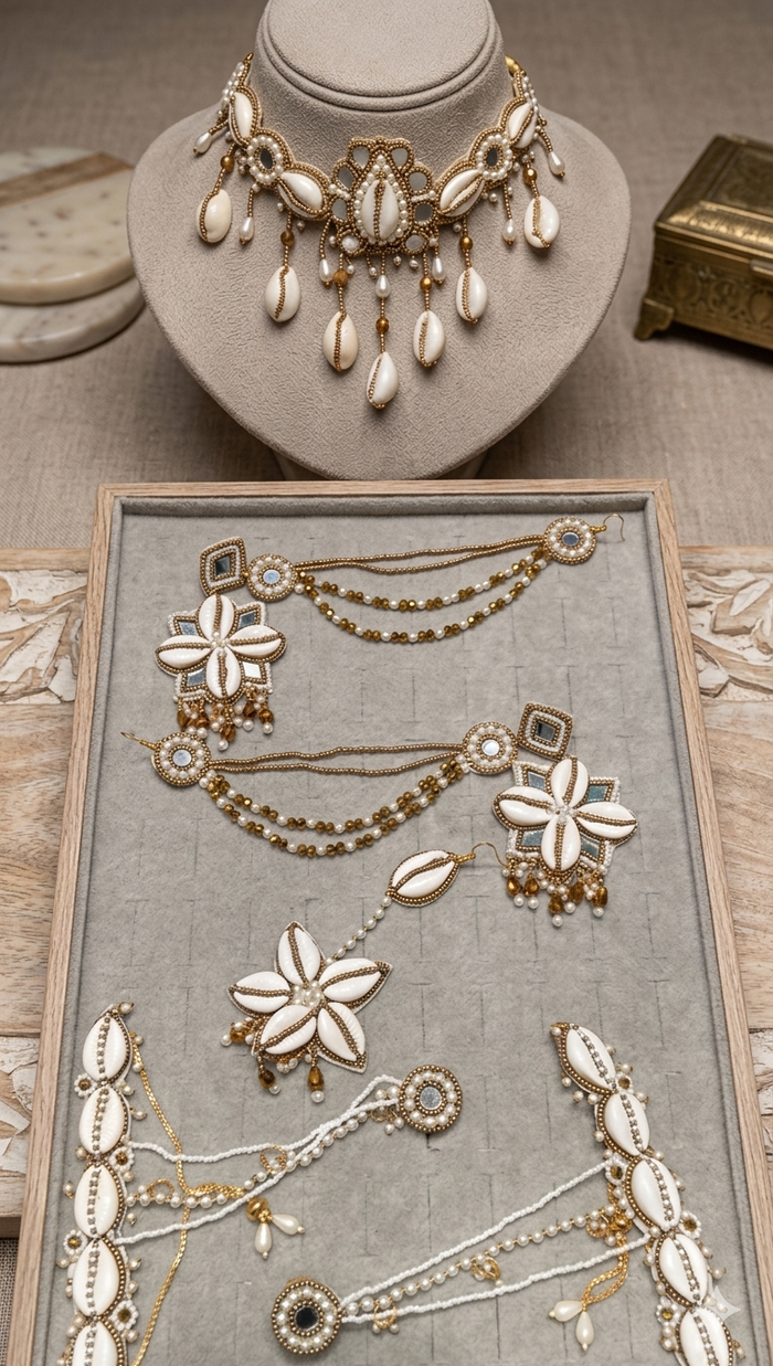 Gilded Cowrie Shell Jewelry Ensemble with Pearl Accents and Floral Design