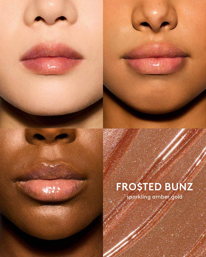 Gloss Bomb Oil Luminizing Oil and  Gloss in shade Frosted Buns on light, medium, and deep skin tones. Frosted Buns is a sparkling amber gold.
