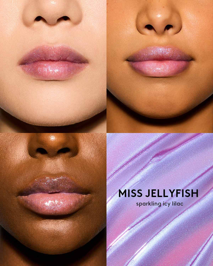 Gloss Bomb Oil Luminizing Oil and  Gloss in shade Miss Jellyfish on light, medium, and deep skin tones. Miss Jellyfish is a sparkling icy lilac.