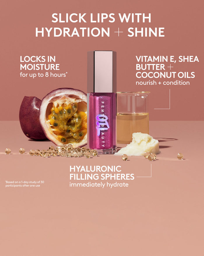 Slick lips with hydration + shine. Locks in moisture for up to 8 hours based on a 1-day study of 30 participants after one use. Vitamin e, shea butter + coconut oils nourish and conditioner. Hyaluronic filling spheres immediately hydrates.
