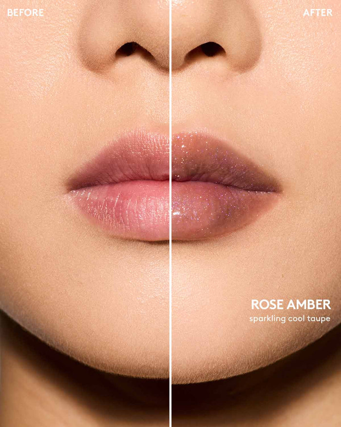 Light skin tone model before and after using Gloss Bomb Oil Luminizing Oil and  Gloss in shade Rose Amber.