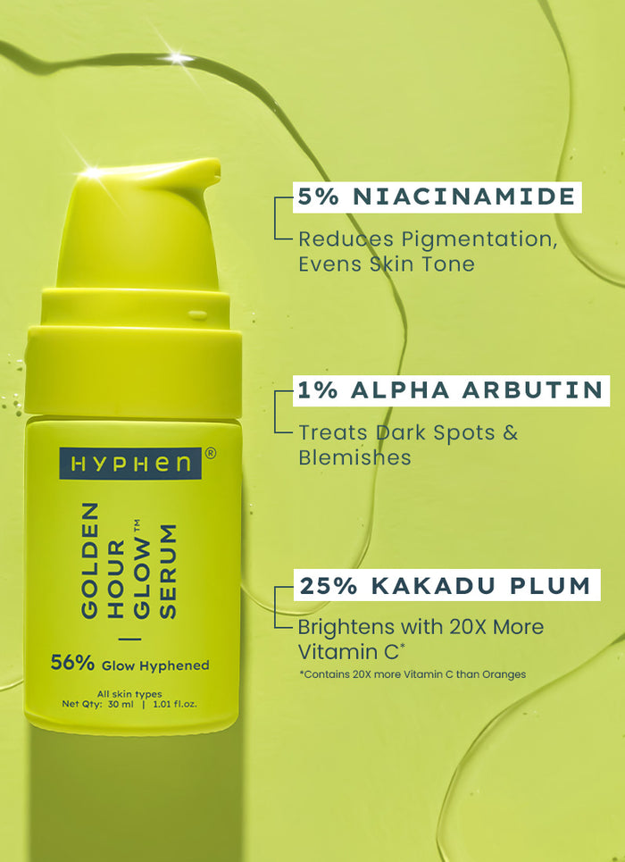 Hyphen Golden Hour Glow Serum 30ml - niacinamide and alpha arbutin actives infographic