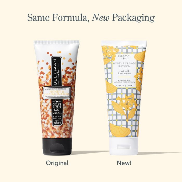 Side by side image of two of Beekman 1802's Honey & Orange Blossom Hand Creams, with the one on the left in the original packaging, and one on the right with the new packaging, with the words "same formula, new packaging," on top of the image.