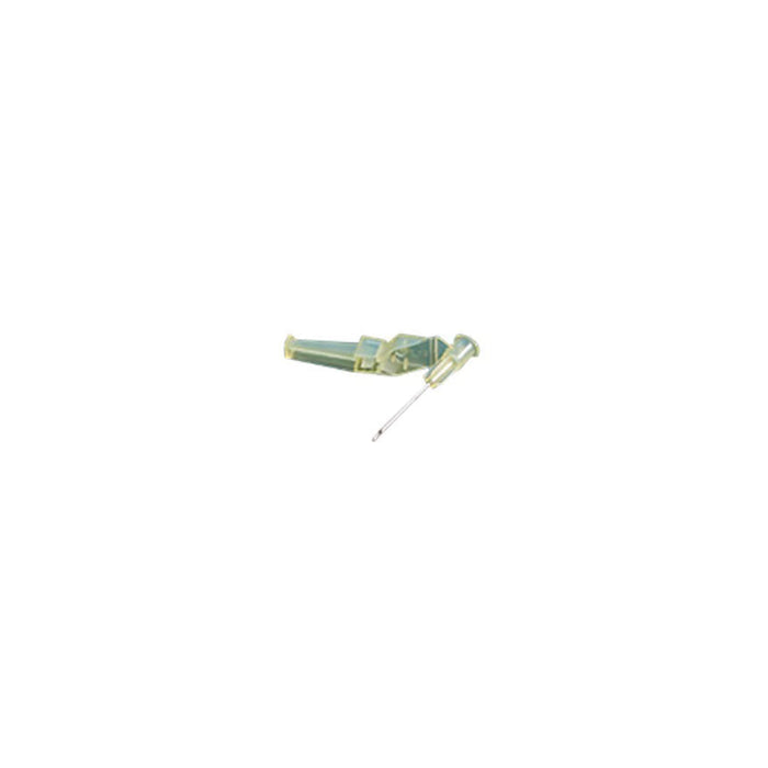 A translucent, plastic intravenous cannula lies on a white background; its needle extends from the hub.