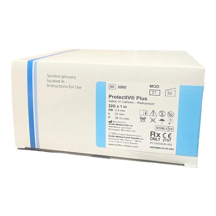 A box of ProtectIV Plus safety IV catheters sits on a surface. The box is labeled with product details and regulatory information, including the reference number 3060 and model number 01.