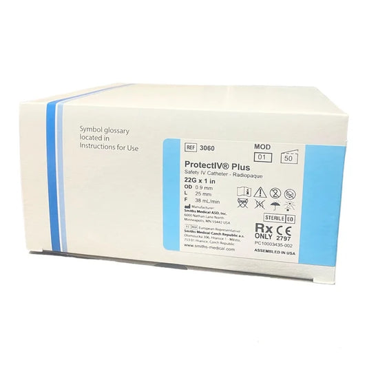 A box of ProtectIV Plus safety IV catheters sits on a surface. The box is labeled with product details and regulatory information, including the reference number 3060 and model number 01.