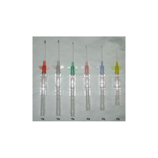 Six intravenous cannulas of varying gauges (14g, 16g, 18g, 20g, 22g, 24g) are displayed on a light-green surface. Each cannula is color-coded by gauge.