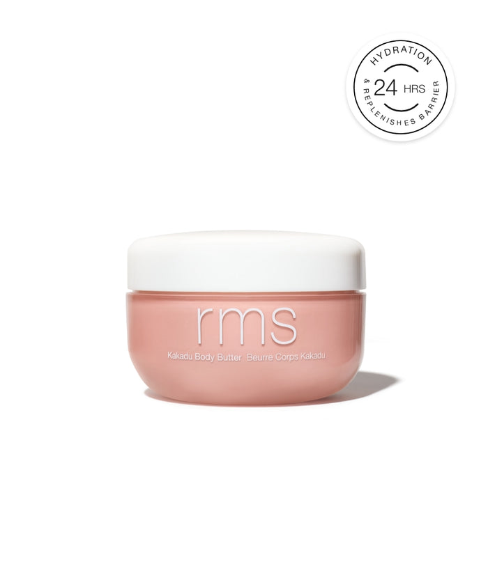 RMS Beauty Kakadu Body Butter in a pink jar with a white lid, promoting 24-hour hydration and skin barrier replenishment with clean, natural ingredients.