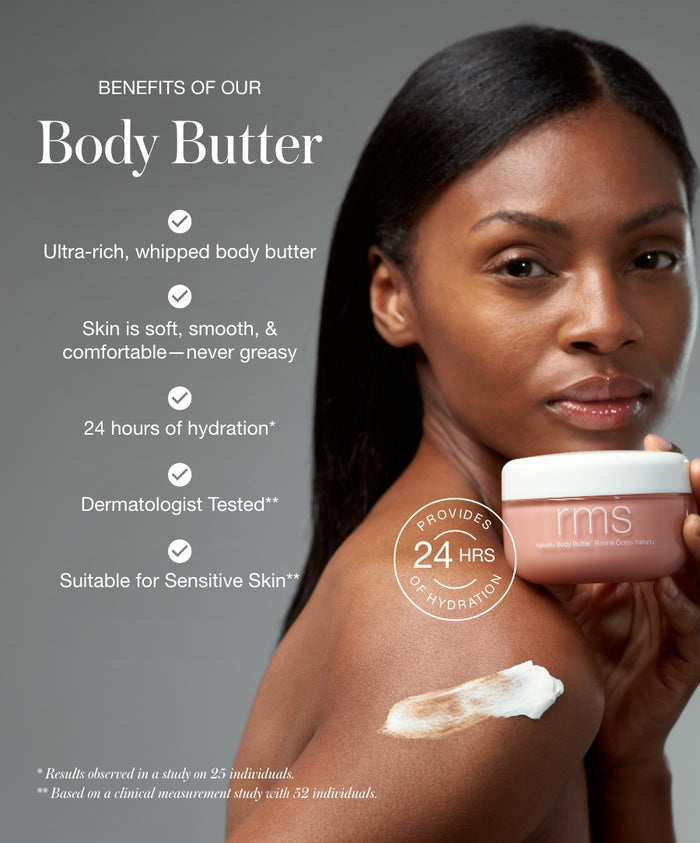 Woman with smooth skin holding a jar of Kakadu Body Butter while showing a dab of whipped cream on her shoulder, highlighting hydration and suitability for sensitive skin.
