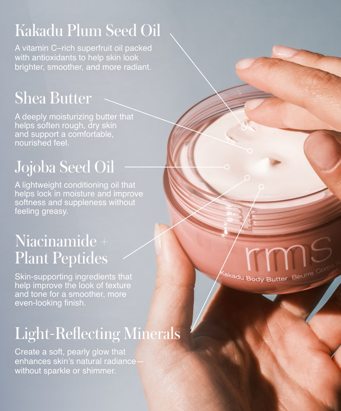 Close-up of hands holding a jar of Kakadu Body Butter with labeled ingredients including Kakadu plum seed oil, shea butter, jojoba seed oil, niacinamide with plant peptides, and light-reflecting minerals, highlighting its nourishing and skin-brightening properties.