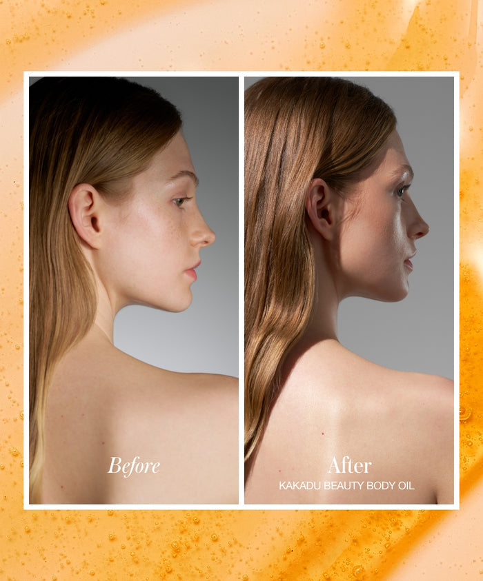 Side-by-side before and after images of a woman’s shoulder and profile showing smooth, glowing skin after using Kakadu Body Oil.