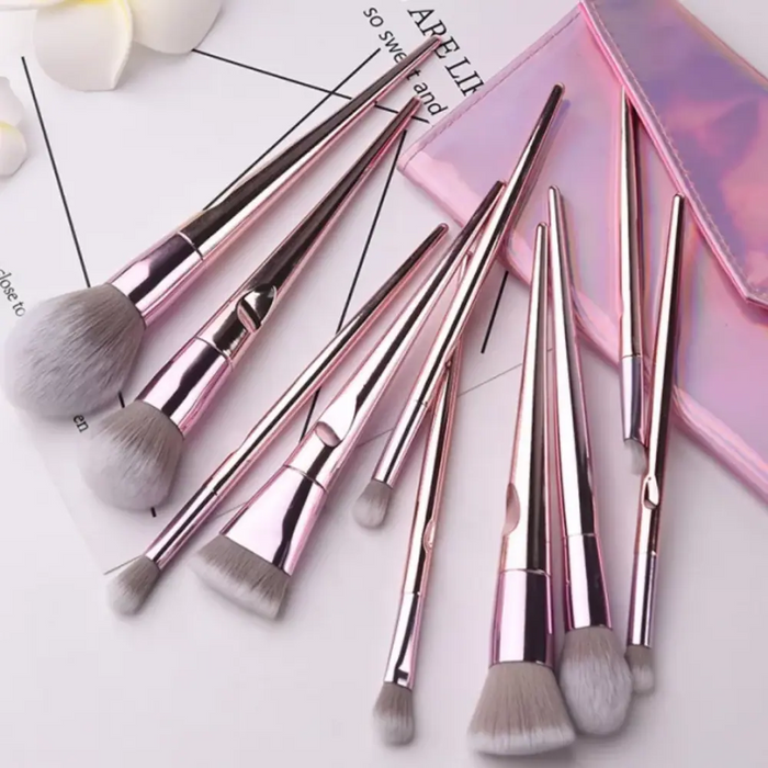 Maange Metal Pink With Pouch Makeup Brush Set 10 Pcs