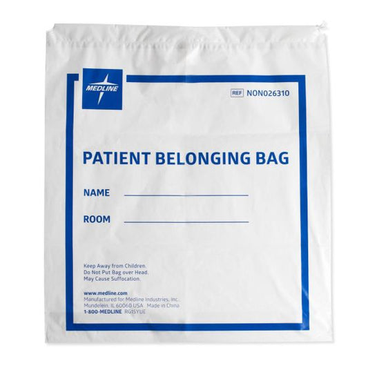 A white plastic bag sits on a white background; it is labeled "PATIENT BELONGING BAG" with spaces for name and room number, along with safety warnings and manufacturer information.