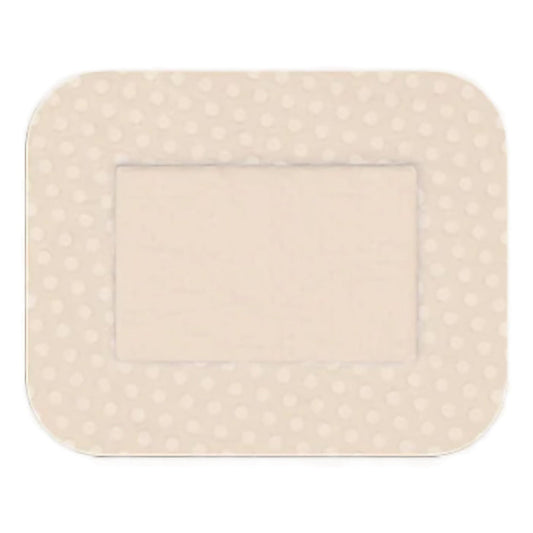 A beige adhesive bandage, featuring a lighter beige central area and a dotted border, sits on a white background.