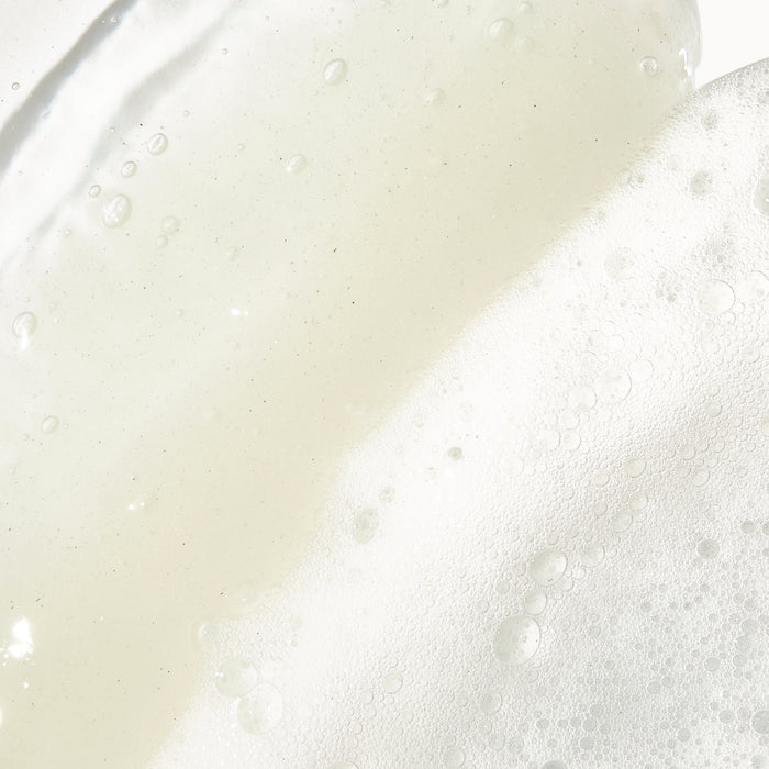 Up close texture shot of Beekman 1802's Vegan Goat Milk™ Oil Eliminating Foaming Gel Cleanser, which is white and has tiny bubbles in it.