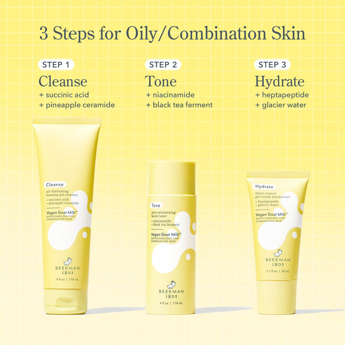 Tube of Beekman 1802's Vegan Goat Milk™ Oil Eliminating Foaming Gel Cleanser, vegan goat milk toner, and vegan goat milk moisturizer all lined up from left to right  next to each other on a yellow background, with the words "3 steps for oily/combination skin" at the top and listing step 1 as "cleanse," step 2 as "tone," and step 3 as "hydrate."
