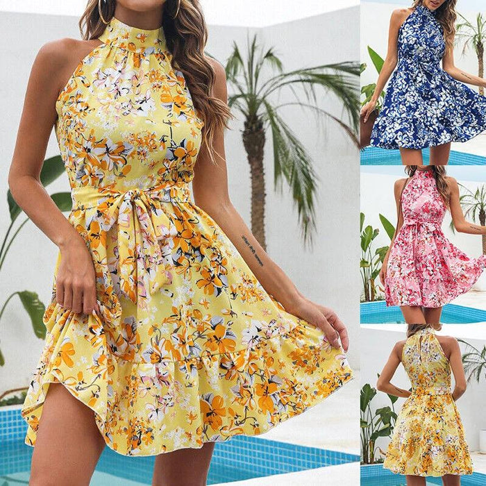 New! Flowers Print Halterneck Dress