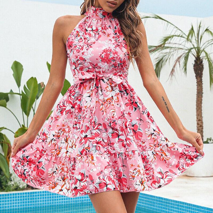 New! Flowers Print Halterneck Dress