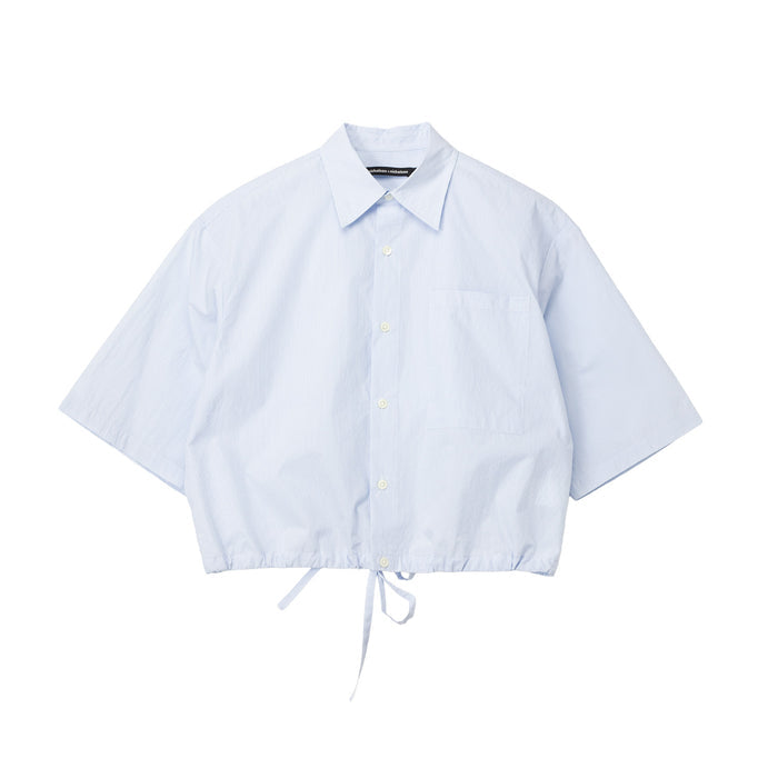 Light blue button-up shirt with a tie at the waist on a white background