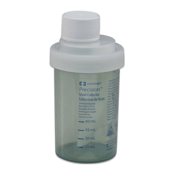 A transparent plastic stool collector with a white lid sits against a white background. The container is graduated, displaying volume markings. The label indicates it's a "Precision Stool Collector," with translations in multiple languages.