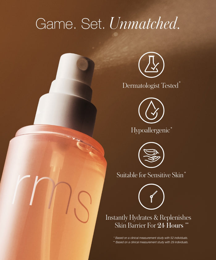 Close-up of a spray bottle misting radiance lock setting mist with text highlighting dermatologist tested, hypoallergenic, suitable for sensitive skin, and 24-hour hydration benefits.