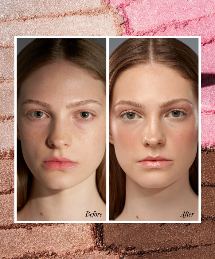 Before and after side-by-side comparison of a woman’s face showcasing natural, glowing skin achieved using the ReDimension Daily Glow Palette with clean beauty and skincare infused makeup.