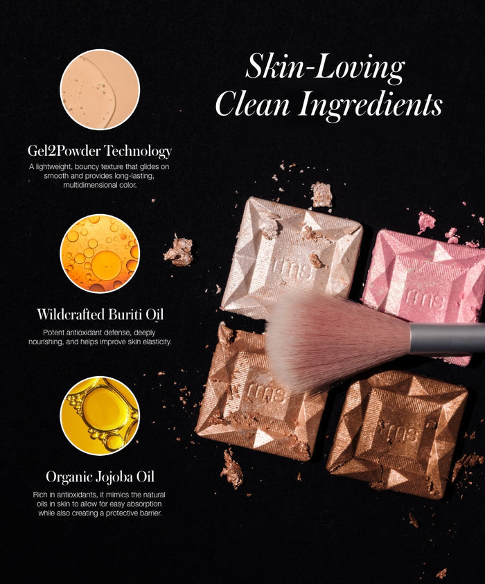 ReDimension Daily Glow Palette with four shimmering shades, highlighting skin-loving clean ingredients like Gel2Powder Technology, wildcrafted buriti oil, and organic jojoba oil for natural, radiant makeup.