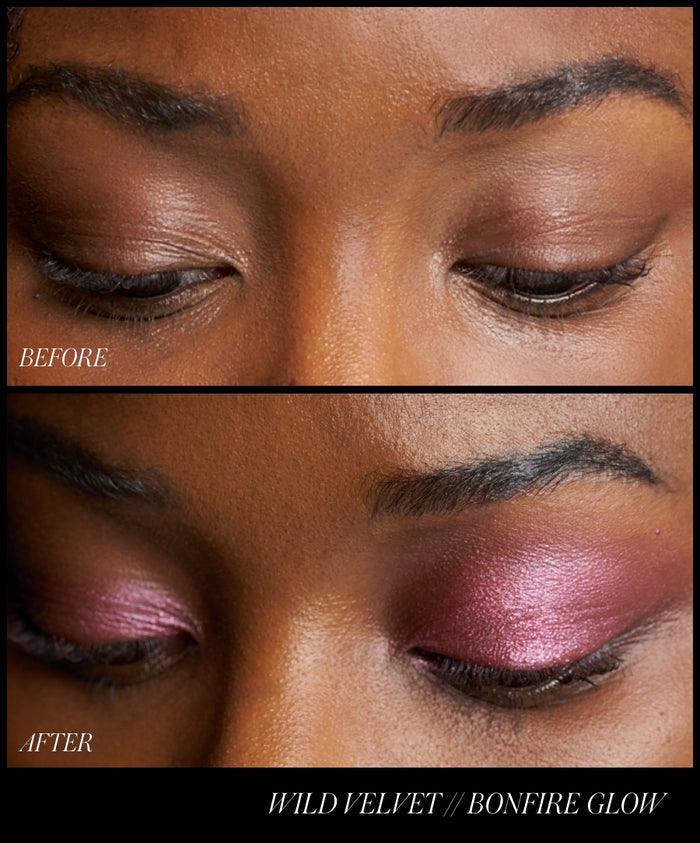 Close-up comparison of closed eyes showing a natural look before and a vibrant pink shimmer eyeshadow applied after using ReDimension Hydra Eyes Quartet, highlighting clean beauty and natural ingredients.