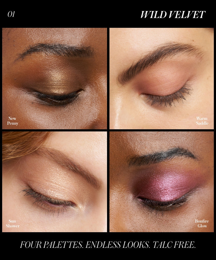 Close-up of four eyes with different shades of eyeshadow in warm and natural tones illustrating the ReDimension Hydra Eyes Quartet makeup collection with cruelty free skincare and clean ingredients.