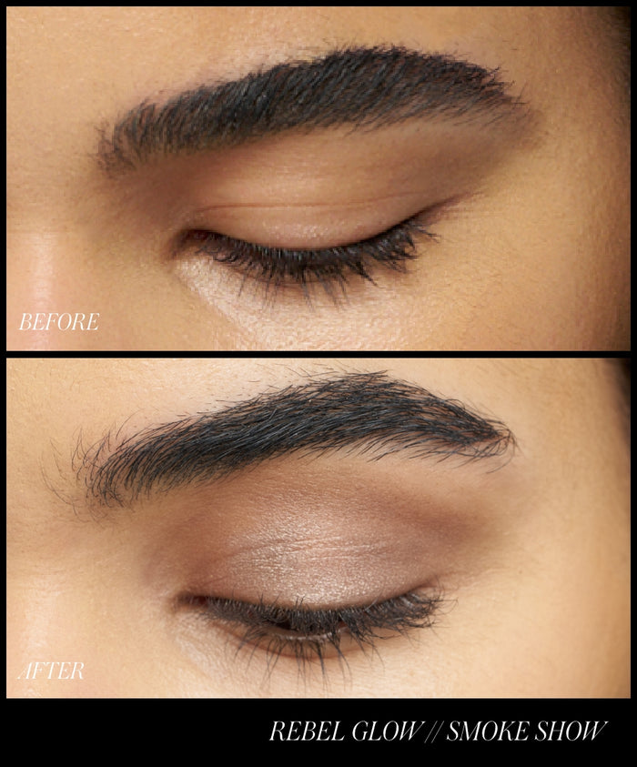 Close-up comparison of a closed eye before and after applying ReDimension Hydra Eyes Quartet eyeshadow in neutral tones, showcasing enhanced eyelid color and subtle shimmer using clean, natural ingredients.