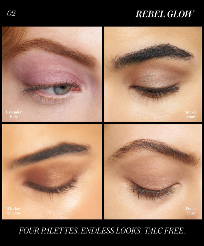 ReDimension Hydra Eyes Quartet showing four eye makeup looks with soft, natural shades including lavender, smoky taupe, warm brown, and peach, highlighting clean beauty and cruelty-free makeup.