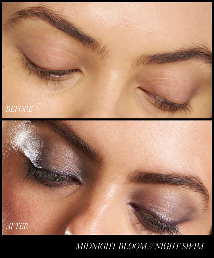 Close-up comparison of eyelids before and after applying ReDimension Hydra Eyes Quartet, showcasing a dramatic smoky eye makeup look with cool, dark tones and shimmer.