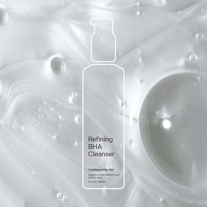 Refining BHA Cleanser in a clarifying milky gel texture on a smooth background.
