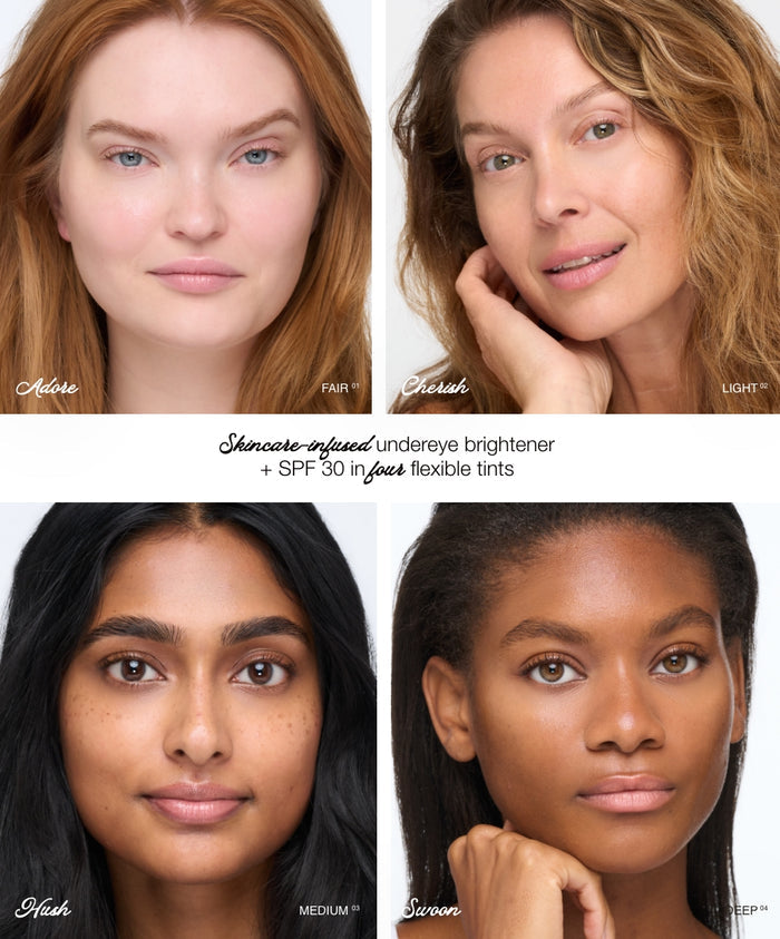 Four diverse women with natural makeup showcasing shades of ReFresh Eye Brightener Broad Spectrum SPF 30 + Correcting Tint, a skincare-infused undereye brightener with SPF protection.