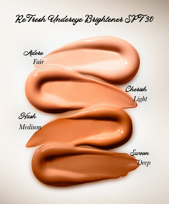 Four smooth swatches of ReFresh Eye Brightener Broad Spectrum SPF 30 + Correcting Tint in shades Adore Fair, Cherish Light, Hush Medium, and Swoon Deep showcasing natural and clean beauty tones.