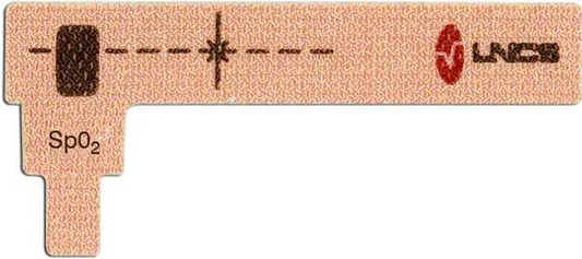 A beige sensor displays SpO2, indicating blood oxygen saturation; it features a dark symbol and the UNCS logo.