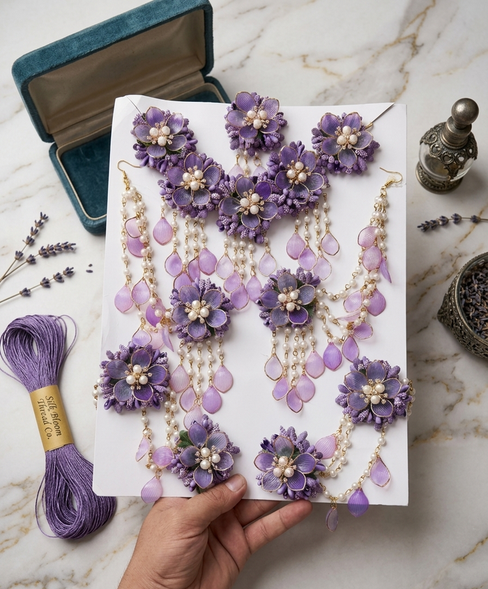 Royal Lavender Blossom: Handcrafted Purple Floral Jewelry Set with Pearl Accents for Weddings & Festive Events