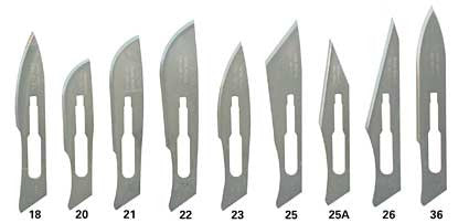 Scalpel blades of varying sizes and shapes are arranged. Numbers 18, 20, 21, 22, 23, 25, 25A, 26, and 36 are displayed beneath each blade.