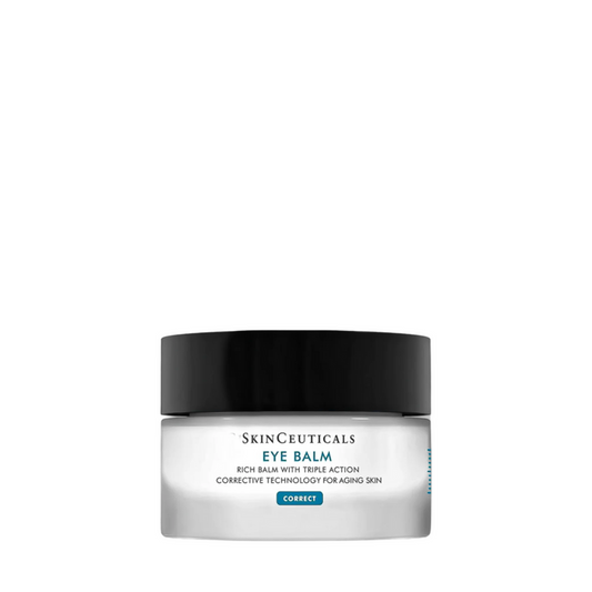 SkinCeuticals Eye Balm jar with black lid, rich under-eye cream for aging skin