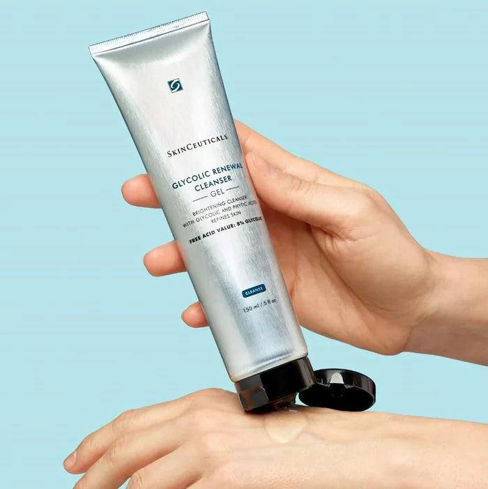 SkinCeuticals Glycolic Renewal Cleanser gel tube dispensing on hand