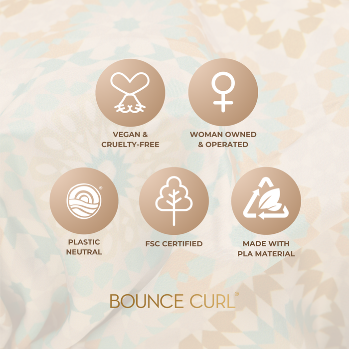 Five circular feature icons on a peach background, Bounce Curl logo below.
