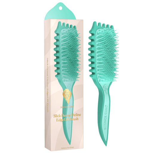 Bounce Curl Slick-Dense Define EdgeLift Brush standing next to its product packaging