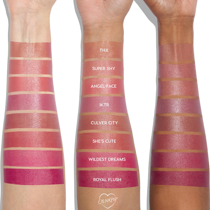 Super Shy liquid blush swatch displayed on three arms alongside labeled shades, showing a dewy peach‑pink with shimmer; ColourPop Liquid Blush range from THX to Royal Flush illustrates payoff across light, medium, and deep skin tones.