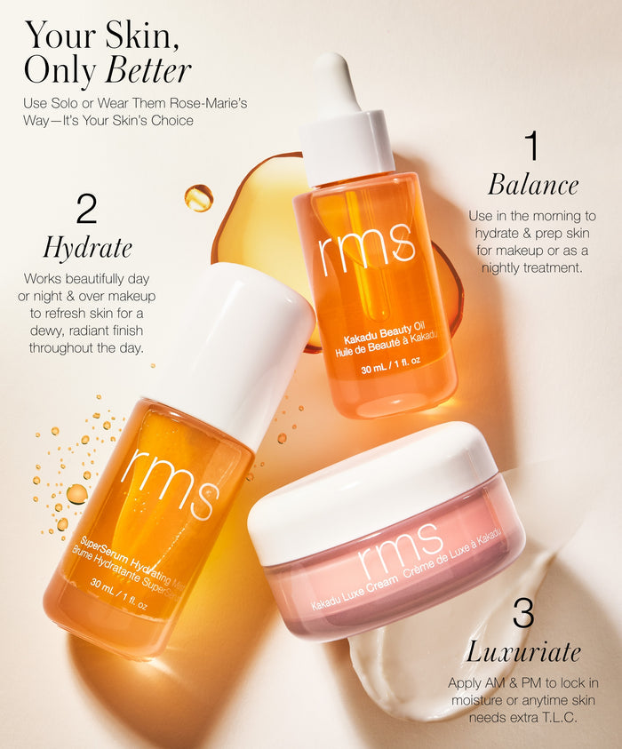 Your skin, only better. 1. Kakadu Beauty Oil 2. SuperSerum Hydrating Mist 3. Kakadu Luxe Cream