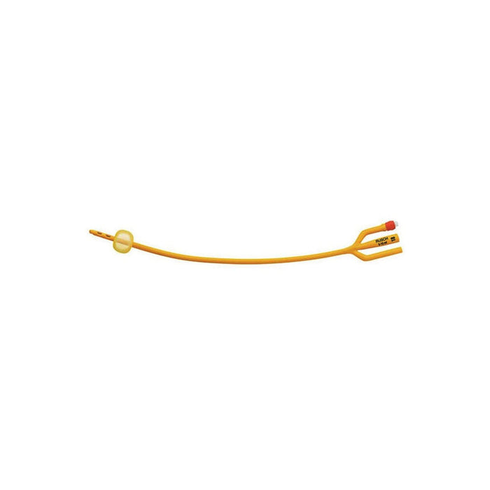 A yellow catheter lies horizontally. The tube splits into two ends on one side, with the text "Rusch Safe" being visible. A balloon is present on the other side.
